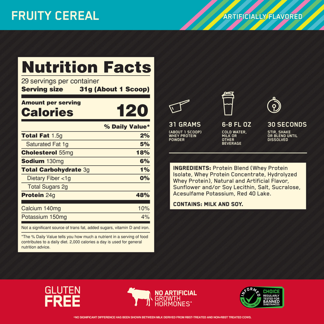 Optimum Nutrition > Gold Standard 100% Whey Protein Powder: Fruity Cereal + 29 porciones