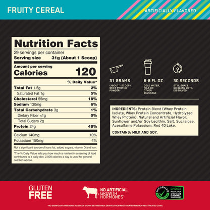 Optimum Nutrition > Gold Standard 100% Whey Protein Powder: Fruity Cereal + 29 porciones